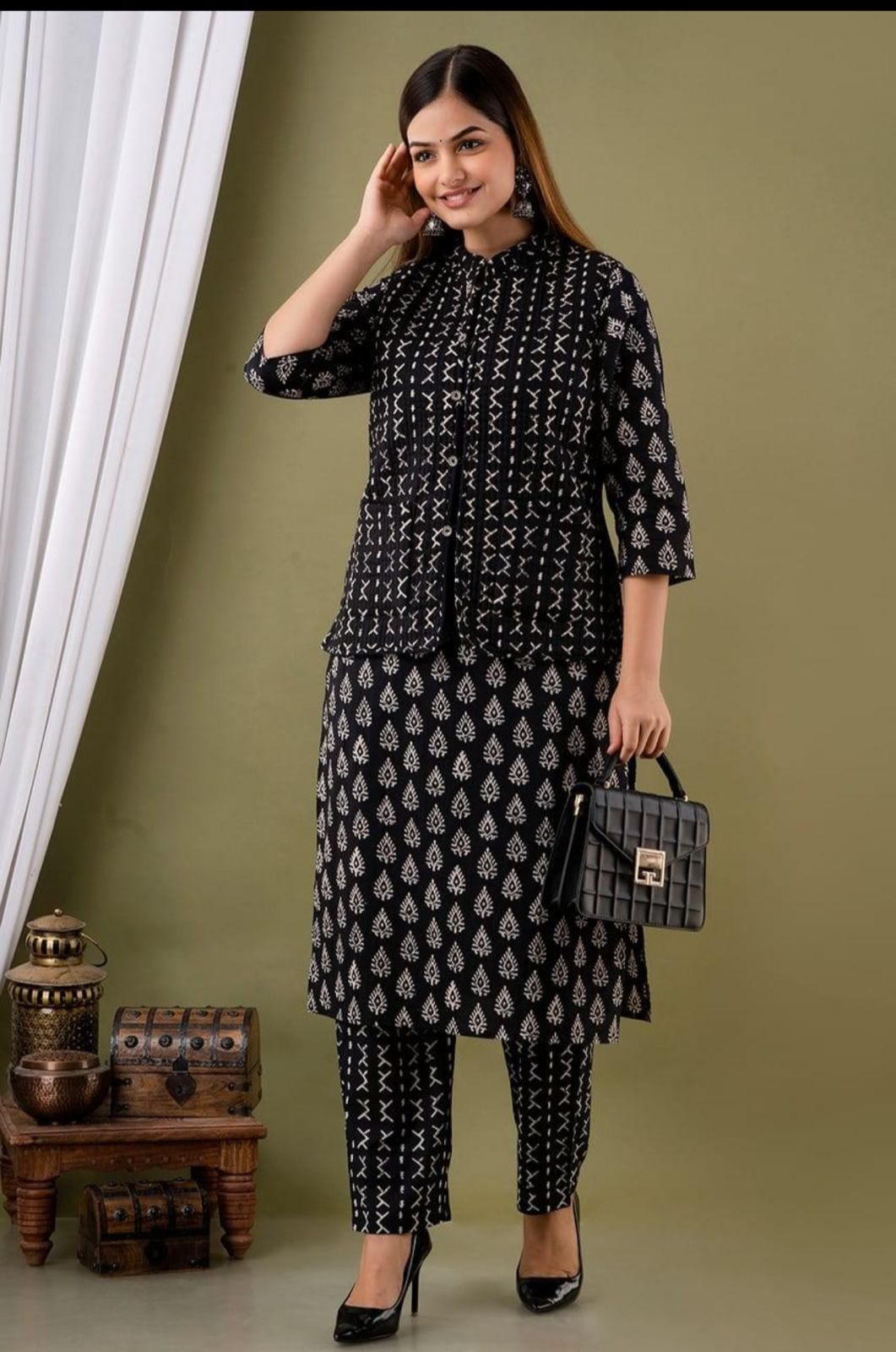 Kurti pant set with a quilted jacket - WishTown Fashion Club®