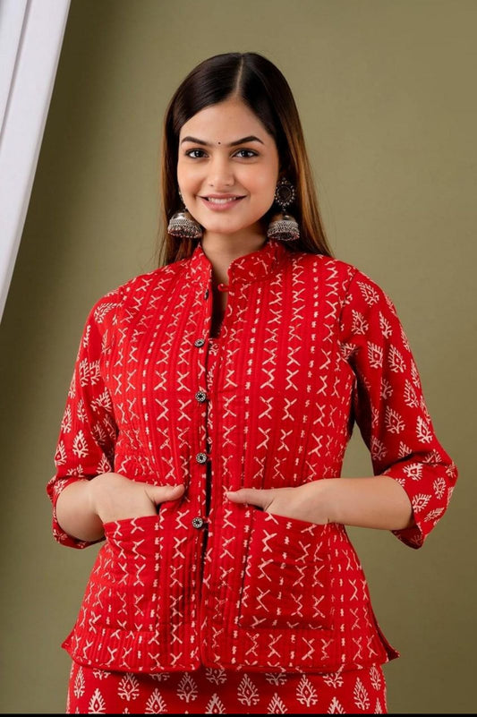 Red kurta with matching pant and quilted jacket for women – WishTown Fashion Club