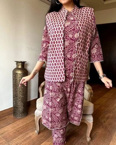 Cotton kurti pant set with cotton jacket - WishTown Fashion Club®