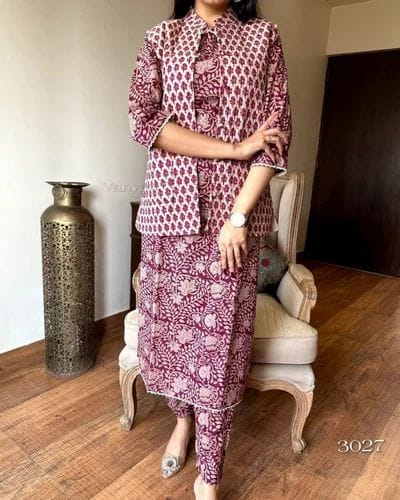 Purple ethnic printed kurta pant with jacket set for women with matching top and bottom with jacket – WishTown Fashion Club