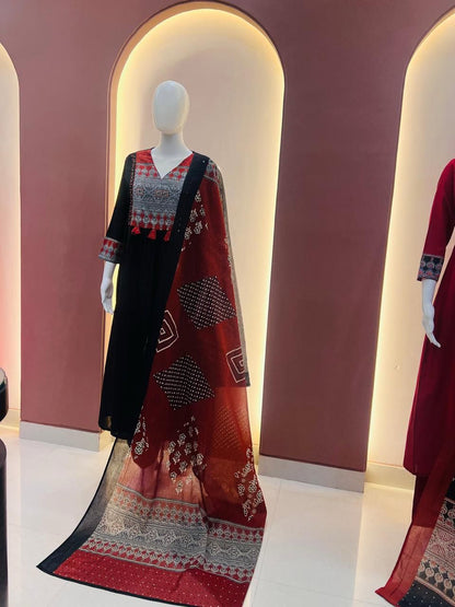 Black traditional A-line kurti with cotton plazo and full-length dupatta - WishTown Fashion Club