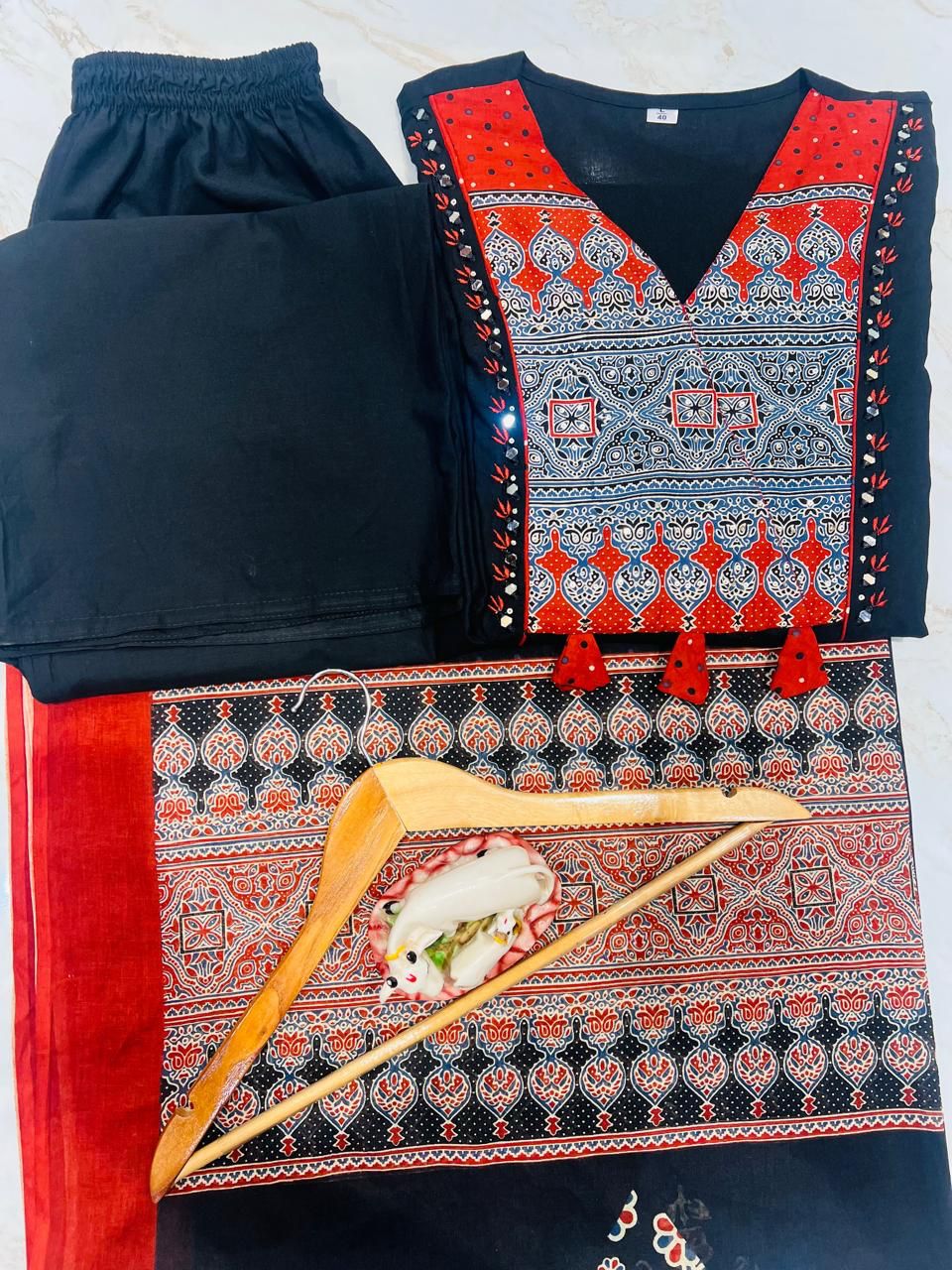 Black casual wear cotton kurti set complete look with mirror work - WishTown Fashion Club