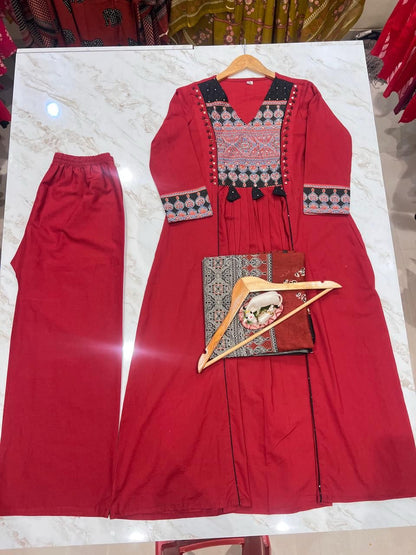 Maroon traditional A-line kurti with cotton plazo and full-length dupatta - WishTown Fashion Club