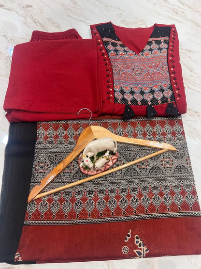 Maroon casual wear cotton kurti set complete look with mirror work - WishTown Fashion Club
