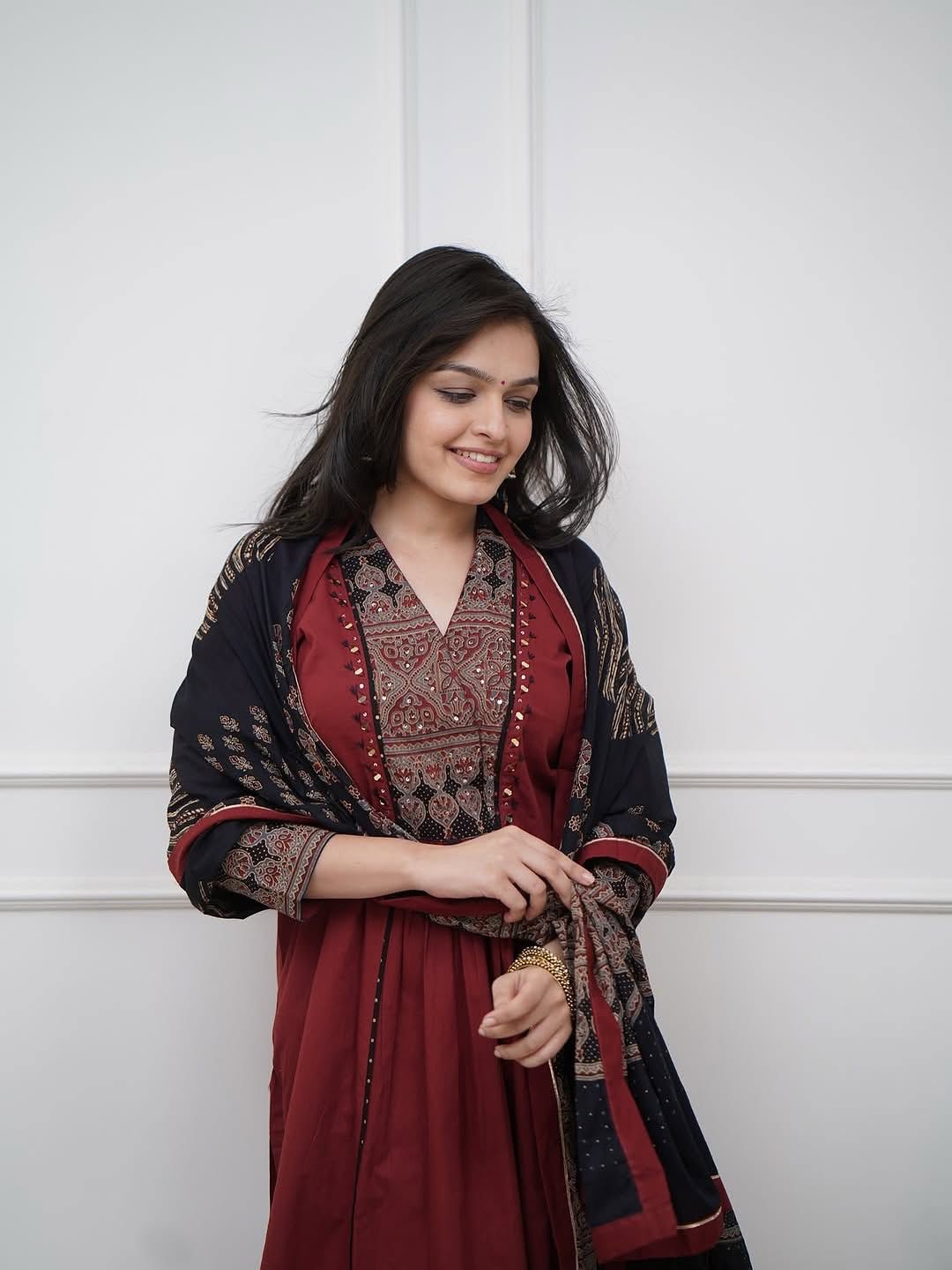 Maroon A-line kurti set with straight cotton plazo and dupatta - WishTown Fashion Club