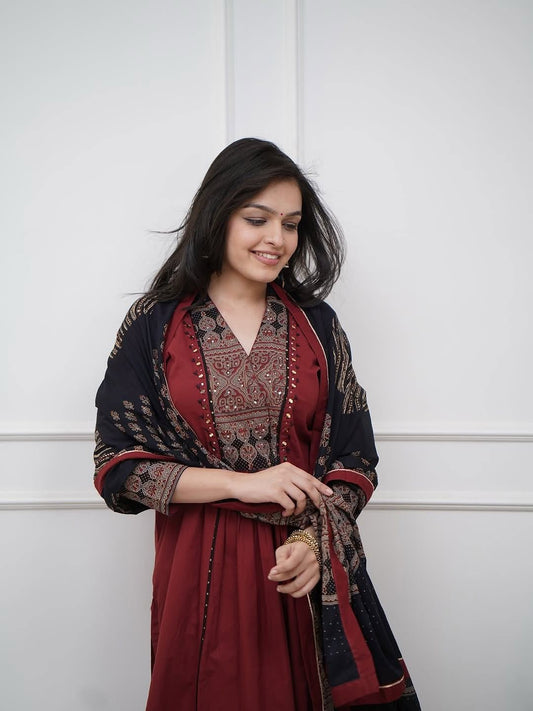 Maroon A-line kurti set with straight cotton plazo and dupatta - WishTown Fashion Club