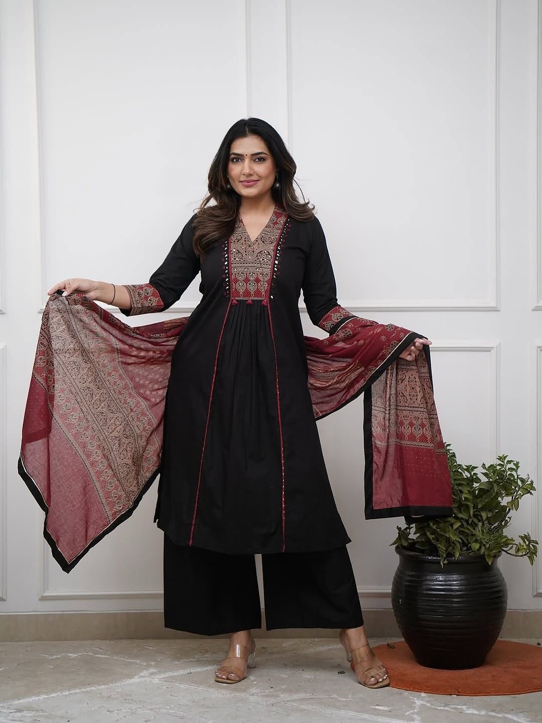 Black A-line kurti set with straight cotton plazo and dupatta - WishTown Fashion Club