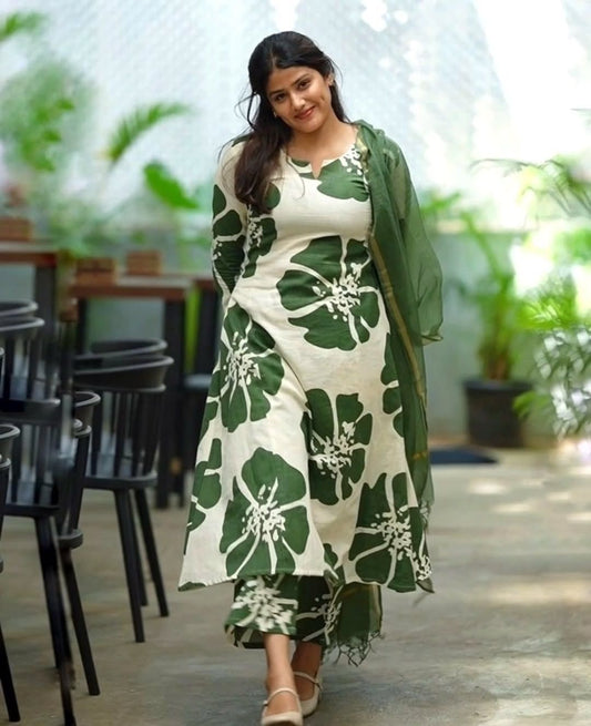 Green traditional cotton Anarkali kurti full look - WishTown Fashion Club