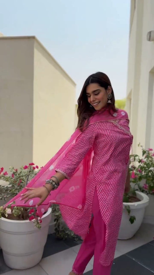 Pink leheriya print cotton suit with gota lace work - WishTown Fashion Club