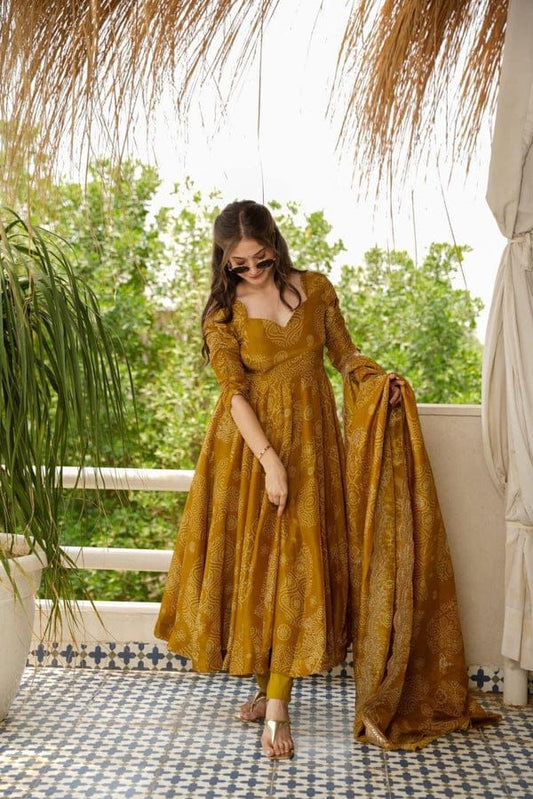 Mustard yellow embroidered cotton ethnic suit set - WishTown Fashion Club