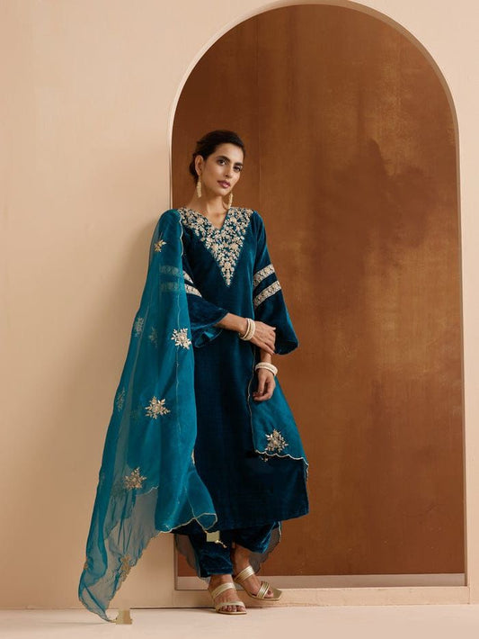 Teal blue velvet embroidered straight kurta set front view - WishTown Fashion Club