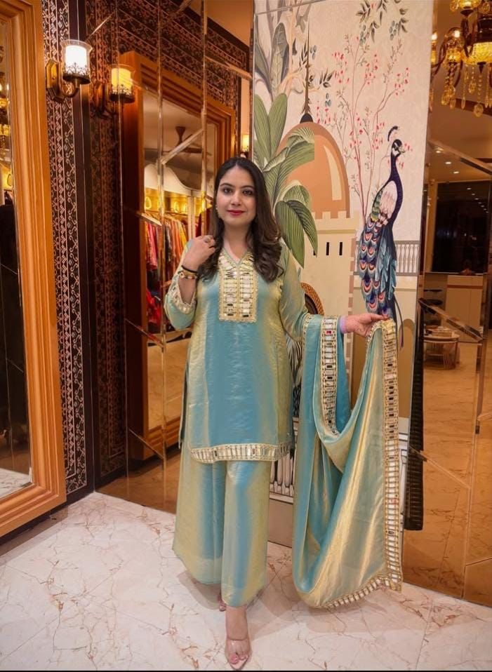 C green fendy silk mirror work festive ethnic outfit front view - WishTown Fashion Club