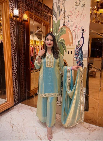 C green fendy silk mirror work festive ethnic outfit front view - WishTown Fashion Club