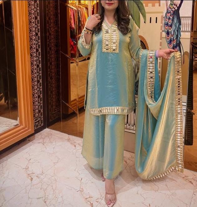 C green mirror work fendy silk dress for wedding and festive wear - WishTown Fashion Club