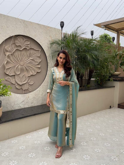 C green traditional mirror work outfit detailed embroidery closeup - WishTown Fashion Club