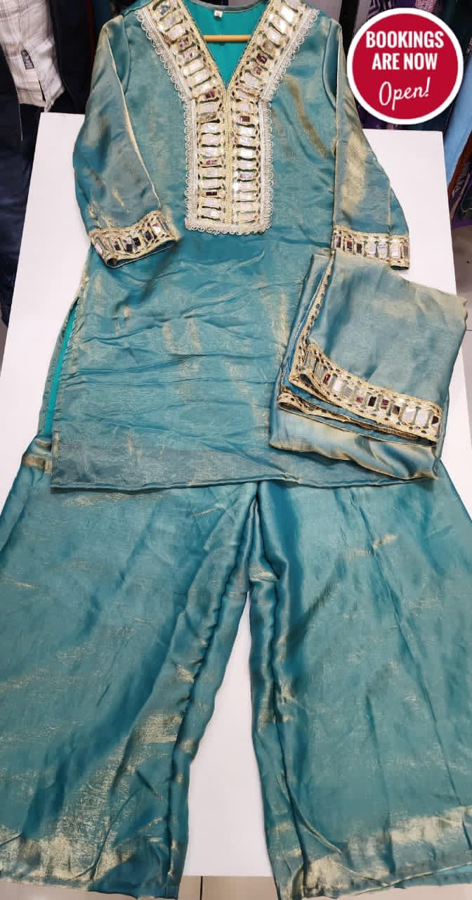 C green festive mirror work ethnic dress full length look - WishTown Fashion Club