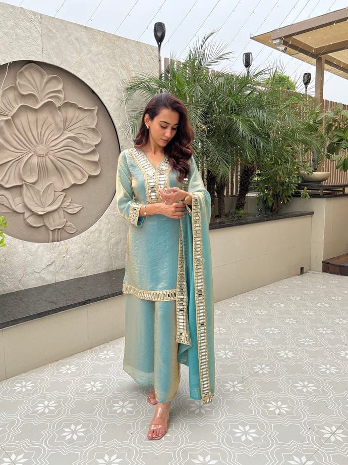 C green designer mirror work fendy silk outfit elegant festive styling - WishTown Fashion Club