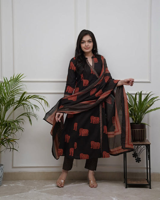 Black cotton kurta pant dupatta set with elephant print and sequence neckline work - WishTown Fashion Club