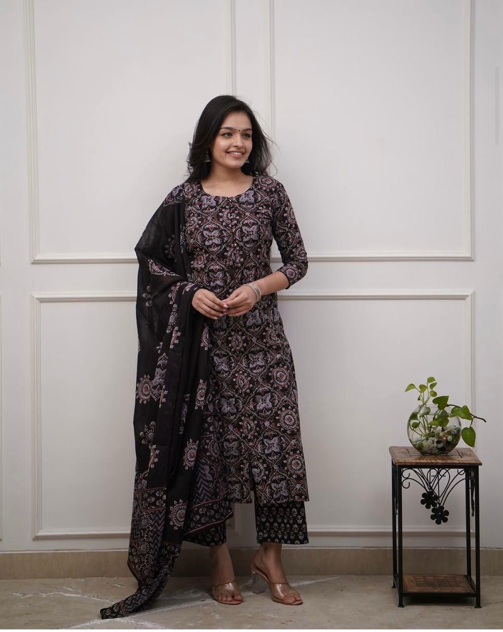 Three piece cotton kurta pant dupatta set - WishTown Fashion Club®