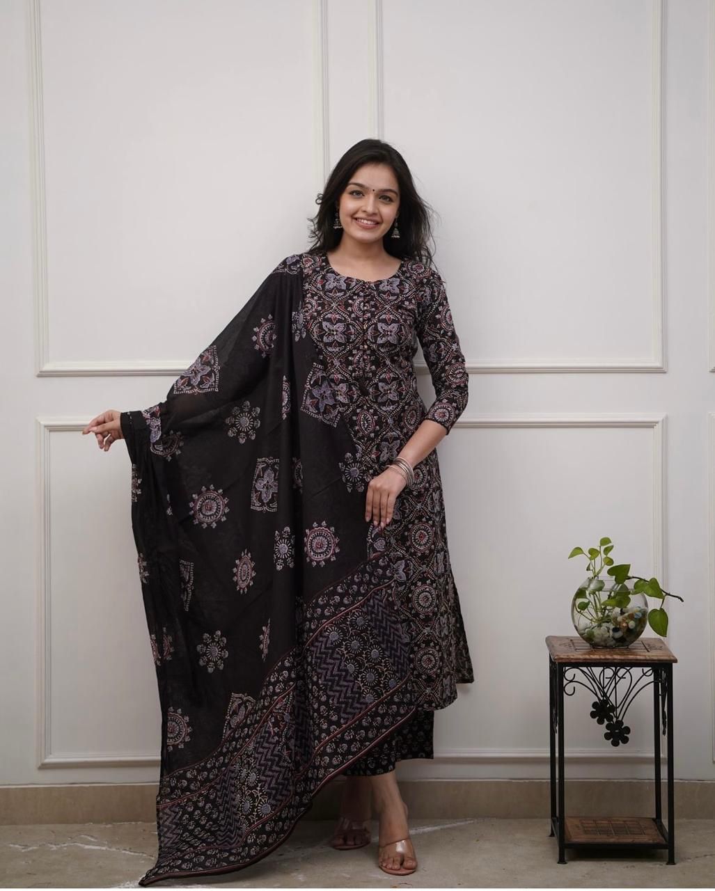 Three piece cotton kurta pant dupatta set - WishTown Fashion Club®