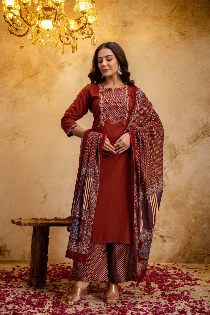 Maroon cotton kurti palazzo set with manual thread embroidery and printed dupatta - WishTown Fashion Club