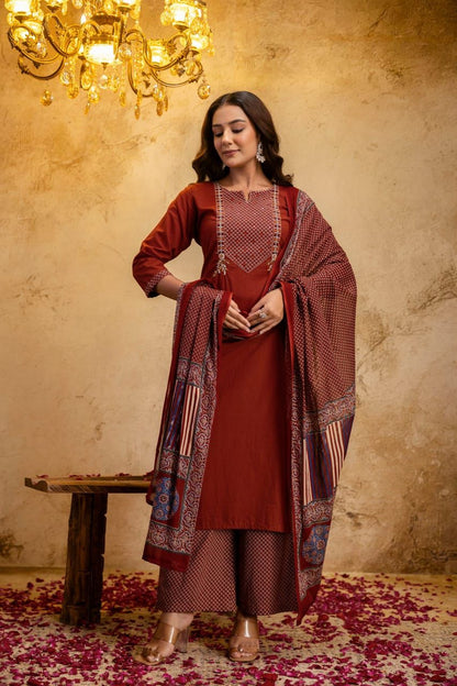 Maroon cotton kurti palazzo set with manual thread embroidery and printed dupatta - WishTown Fashion Club