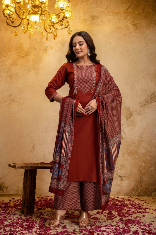 Maroon cotton kurti palazzo set with manual thread embroidery and printed dupatta - WishTown Fashion Club