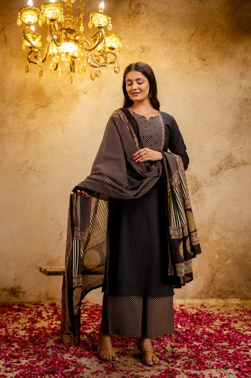 Black cotton kurti palazzo set with hand embroidery and printed dupatta - WishTown Fashion Club
