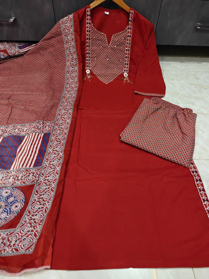 Maroon embroidered cotton kurti with palazzo and malmal dupatta front view - WishTown Fashion Club