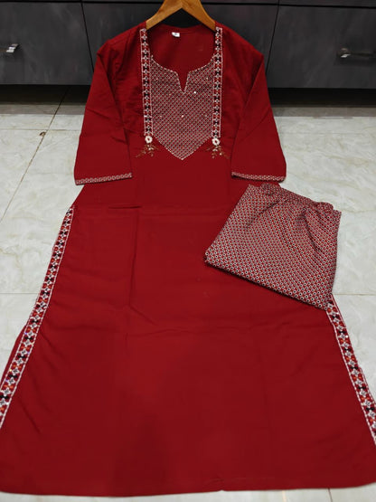 Maroon pure cotton kurti palazzo set highlighting border handwork - WishTown Fashion Club