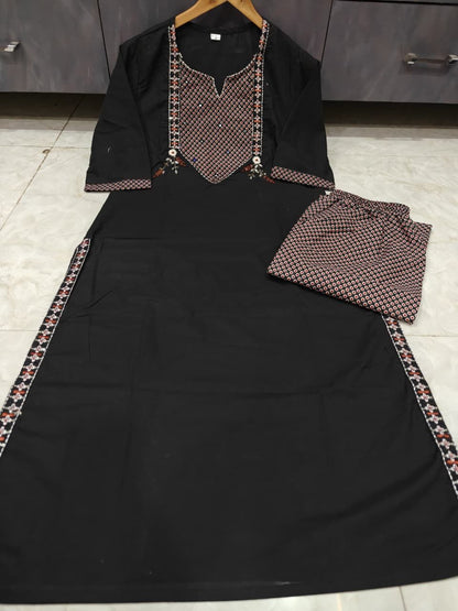 Black pure cotton kurti palazzo set showing yoke handwork detailing - WishTown Fashion Club