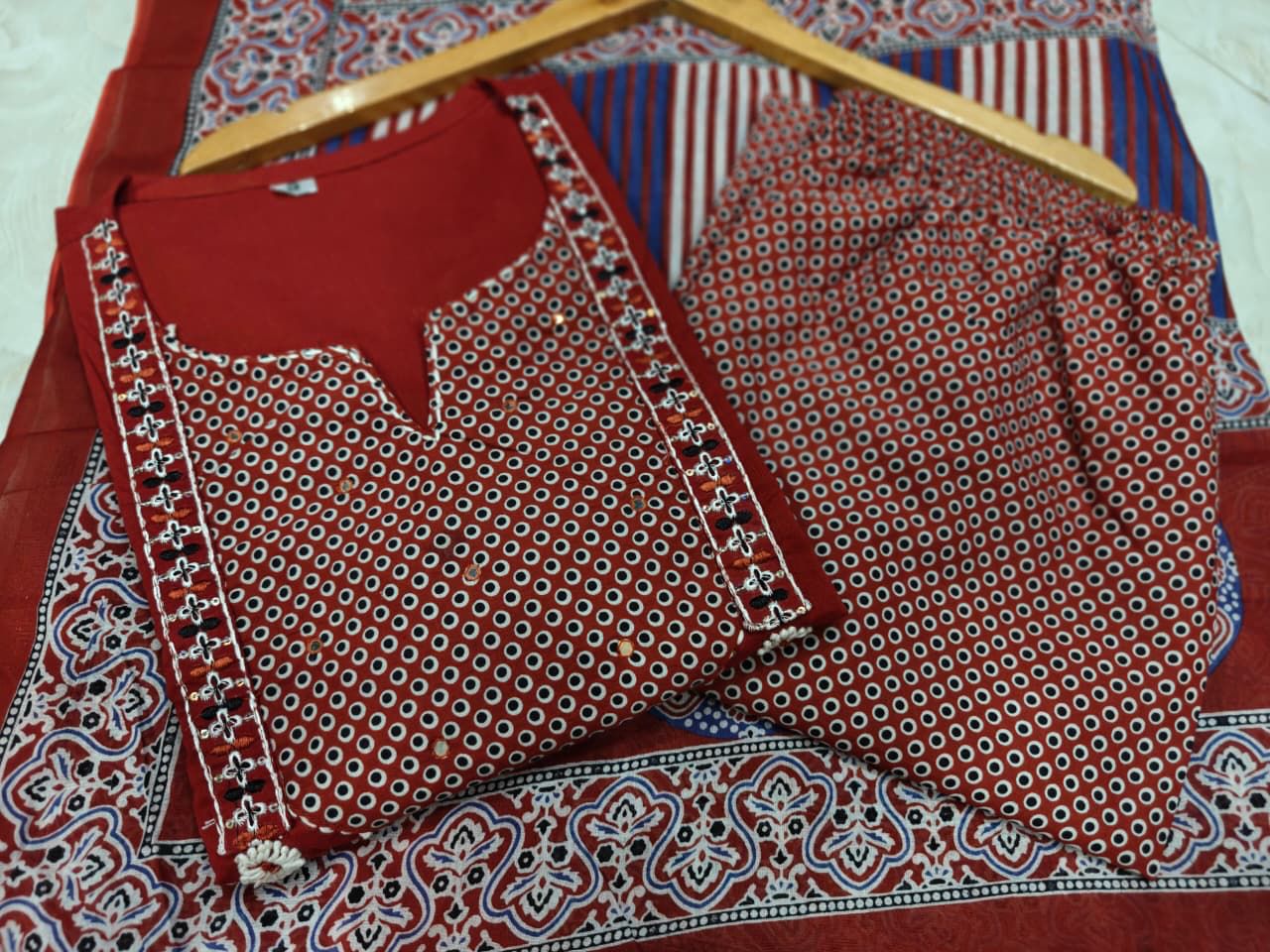 Maroon cotton ethnic kurti palazzo dupatta set full length look - WishTown Fashion Club