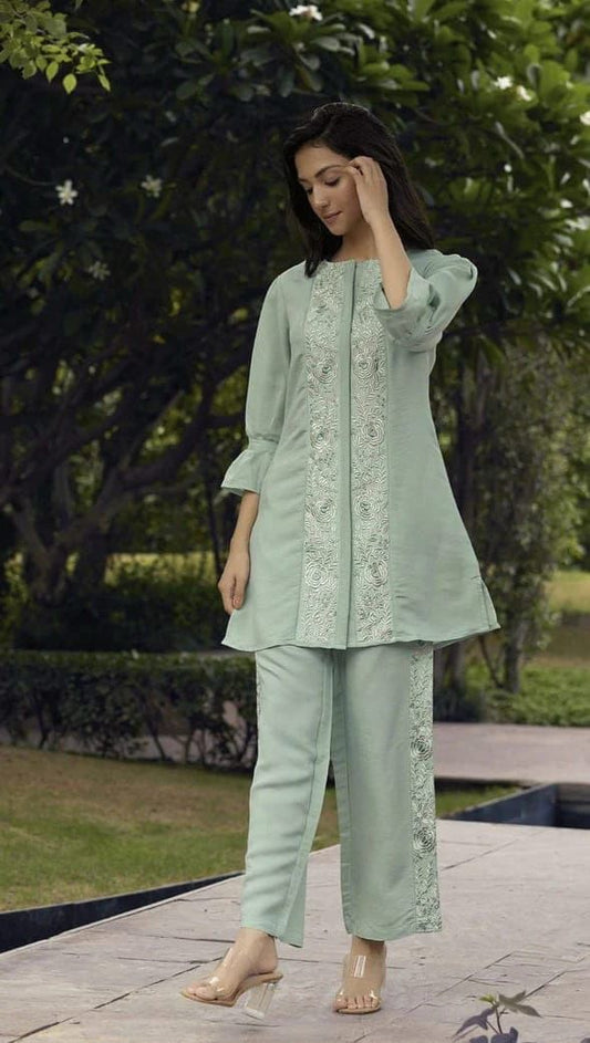 Light steel blue embroidered cotton cord set kurti pant front view – WishTown Fashion Club