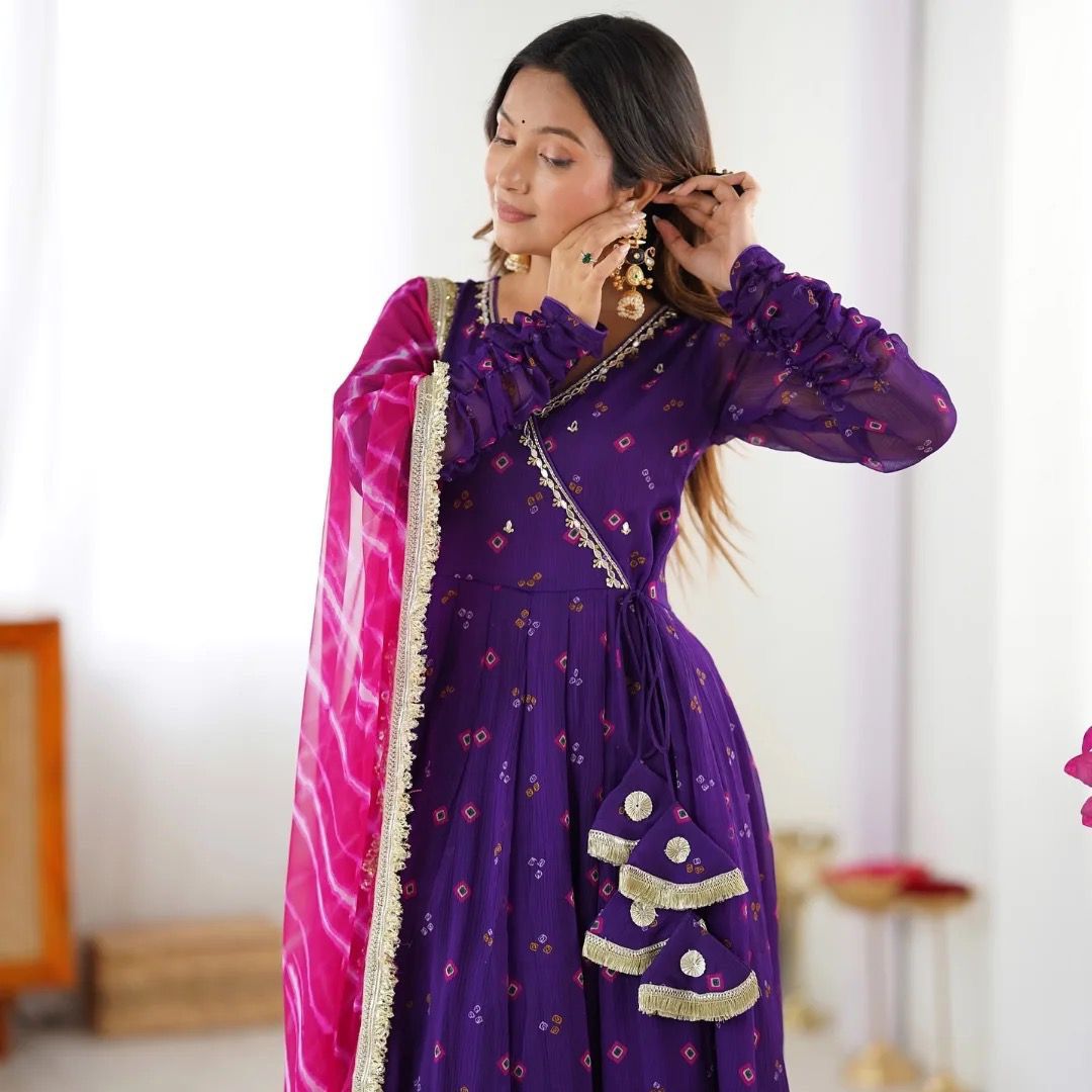 Purple designer Anarkali set with 4 meter flare detailed embroidery - WishTown Fashion Club