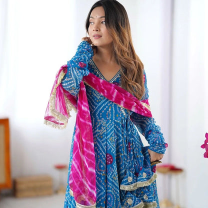 Sky blue designer Anarkali gown pant dupatta complete outfit look - WishTown Fashion Club