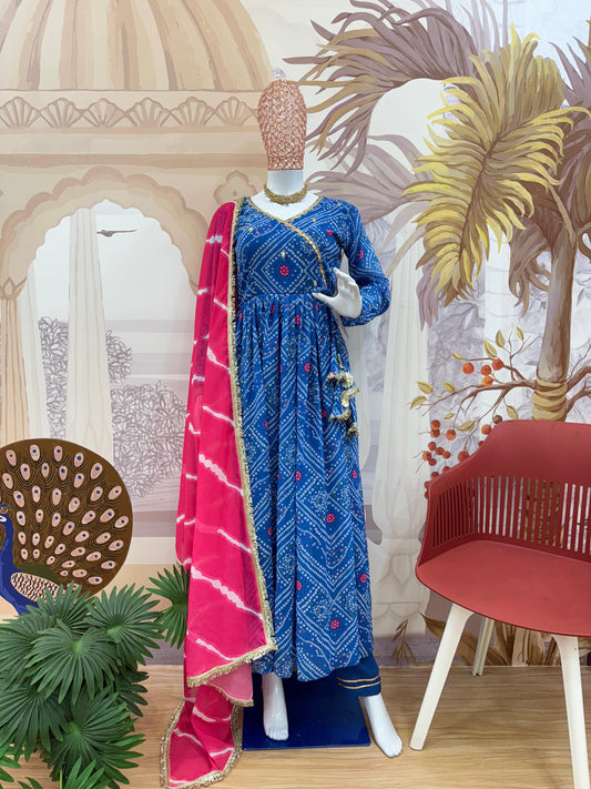 Sky blue embroidered Anarkali gown with pant and digital print dupatta - WishTown Fashion Club