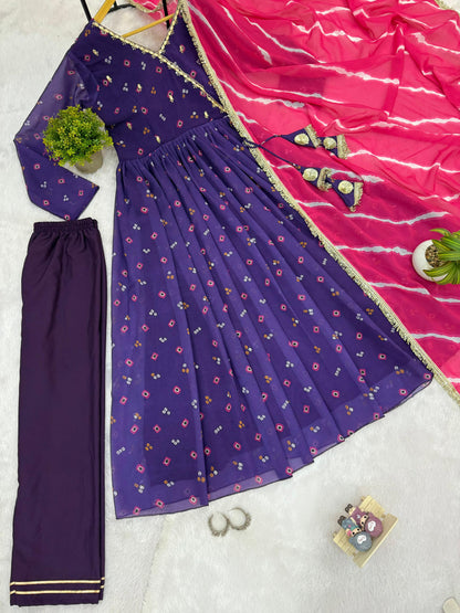 Purple embroidered Anarkali gown with pant and printed dupatta festive look - WishTown Fashion Club