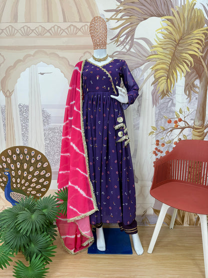 Purple wedding wear Anarkali gown pant dupatta full outfit view - WishTown Fashion Club