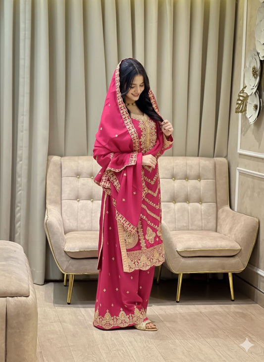 Dark pink designer plazzo suit with heavy sequence embroidery - WishTown Fashion Club