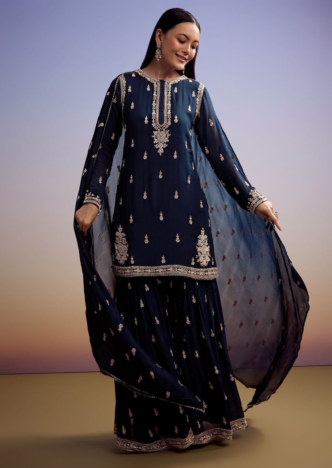 Peacock blue Zimmy Chou embroidered sharara set with sequence work front view - WishTown Fashion Club