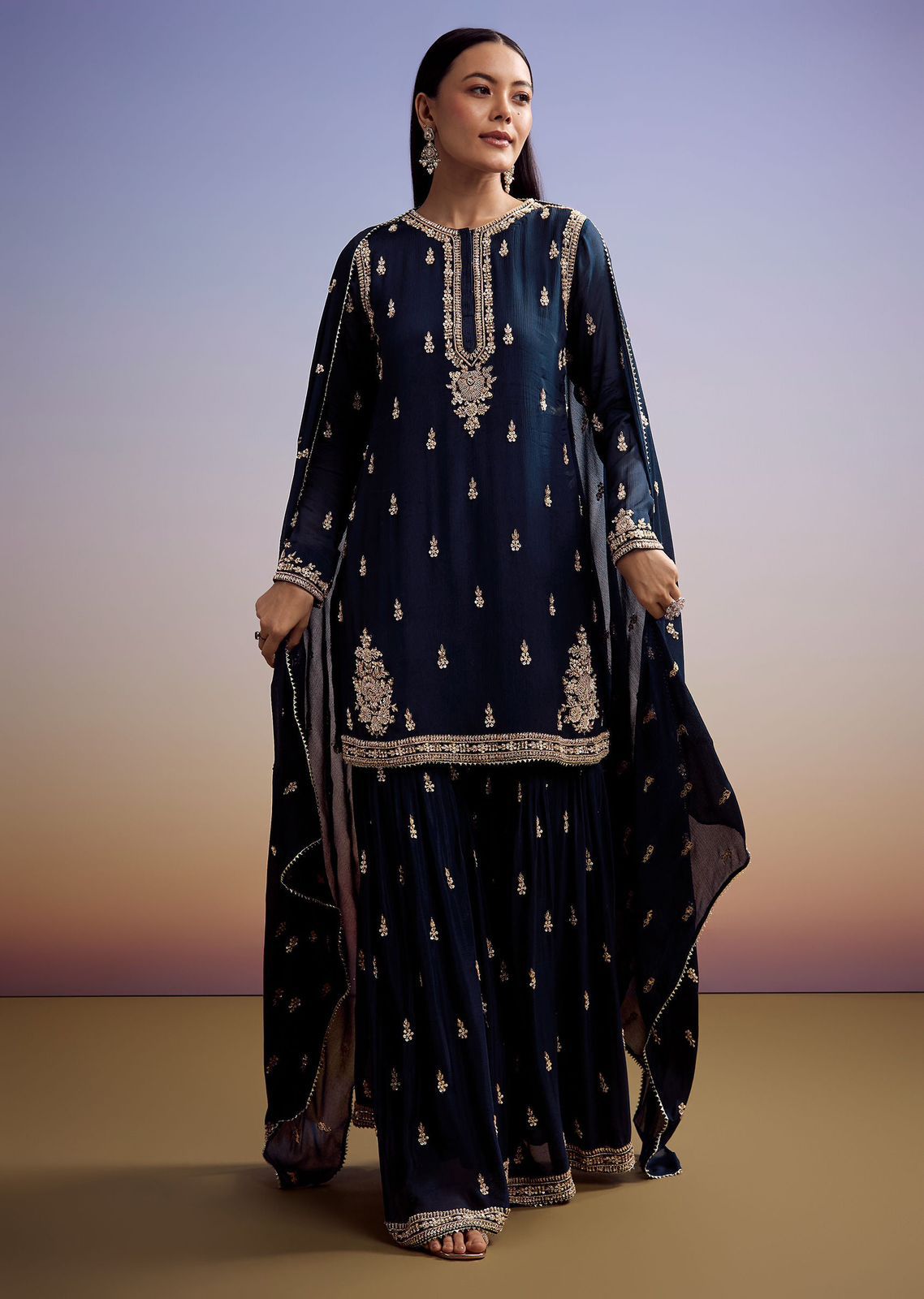 Peacock blue designer sharara set showing full sequence embroidery detailing - WishTown Fashion Club
