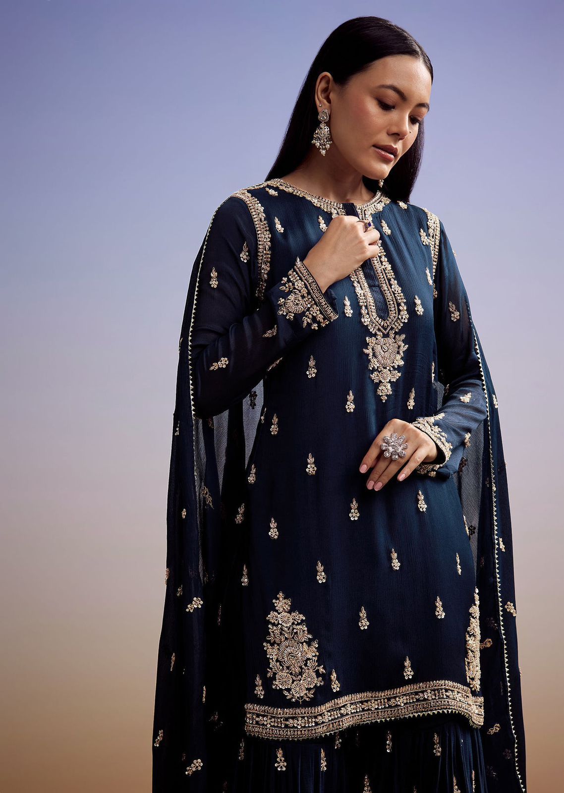 Peacock blue wedding wear sharara suit with embroidered top and dupatta - WishTown Fashion Club