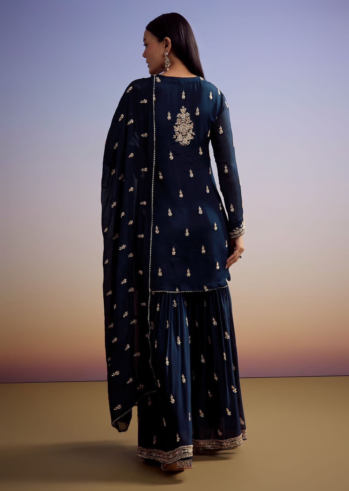 Peacock blue Zimmy Chou sharara set with flowy silhouette and rich embroidery - WishTown Fashion Club