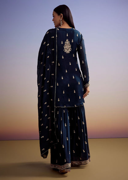Peacock blue Zimmy Chou sharara set with flowy silhouette and rich embroidery - WishTown Fashion Club