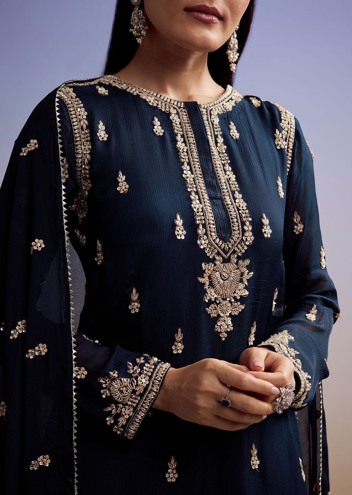 Peacock blue festive sharara outfit with embroidered top back view - WishTown Fashion Club