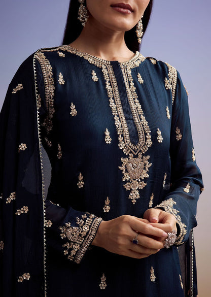 Peacock blue festive sharara outfit with embroidered top back view - WishTown Fashion Club
