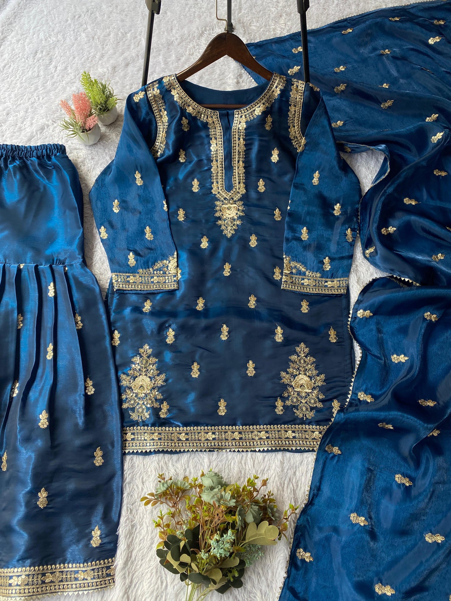 Peacock blue premium sharara set with matching embroidered dupatta - WishTown Fashion Club