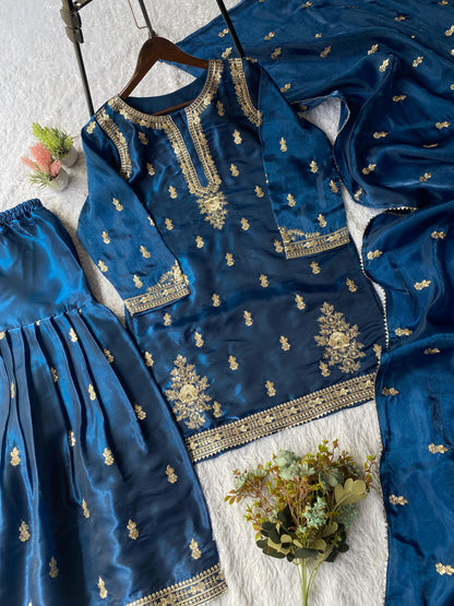 Peacock blue ethnic sharara suit perfect for wedding and festive occasions - WishTown Fashion Club