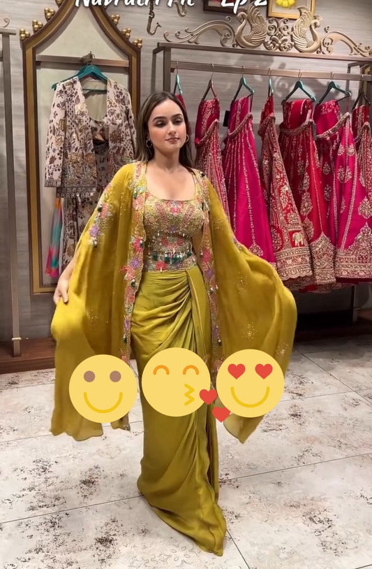 Mustard natural crepe shrug with sharara set front view party wear - WishTown Fashion Club