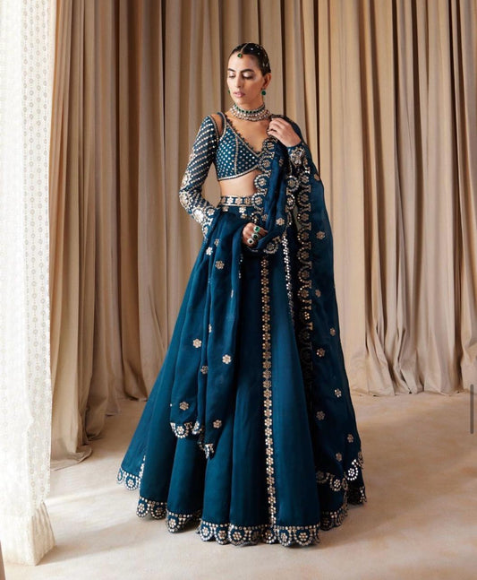 Teal blue Malai silk lehenga with 9mm sequins and zari work front view - WishTown Fashion Club